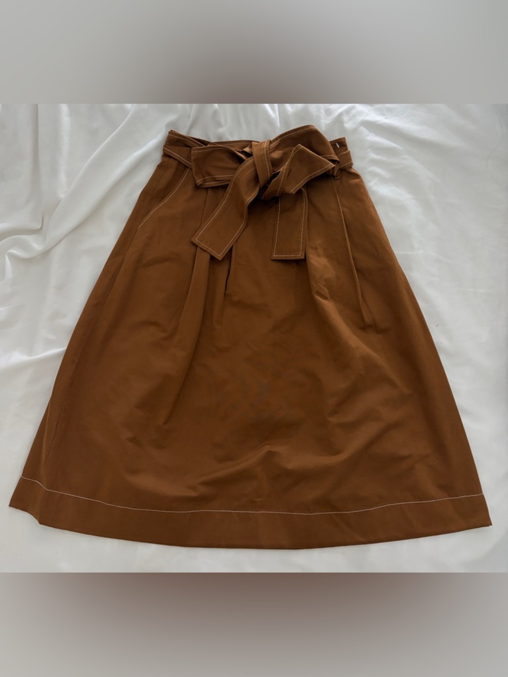 STAUD Brown Paperbag Waist A-Line Skirt with Tie